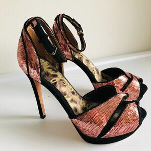 Sam Edelman PAISLEY Sequin Ankle Strap Stilleto Platform - Rose Gold Pink Size 7